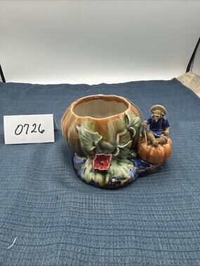 Majolica Chinese Mudman Planter Vase Ladybug Flower & Mudmen Fishermans Fortune